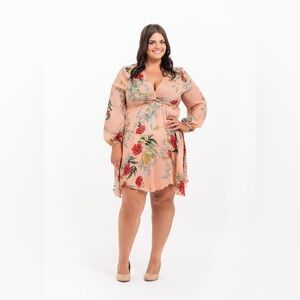 Boohoo Floral Long Sleeve Dress in Peach and Red